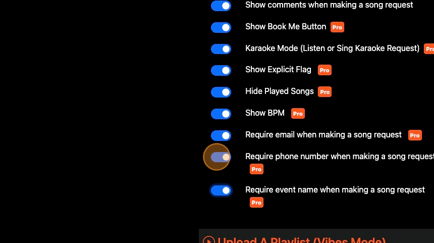 Screenshot of:  If you want to know the audience members phone number that is requesting the song, click "Require phone number when making a song request"