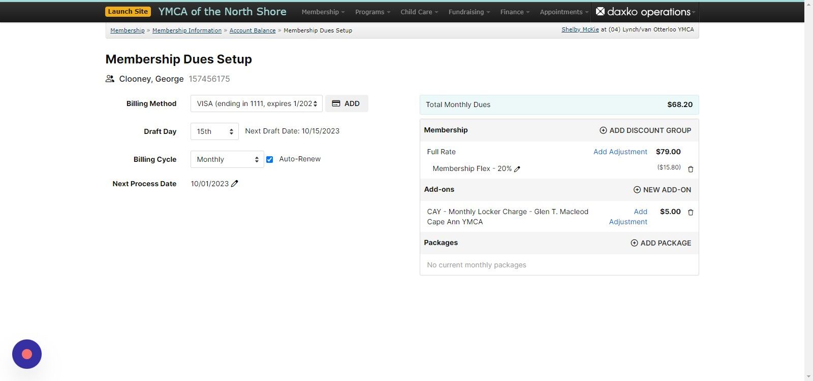 Screenshot of: Or click on the dropdown to change the billing method to one that is already stored. This will automatically make the new Credit Card/EFT information the primary billing method for the Membership only.
