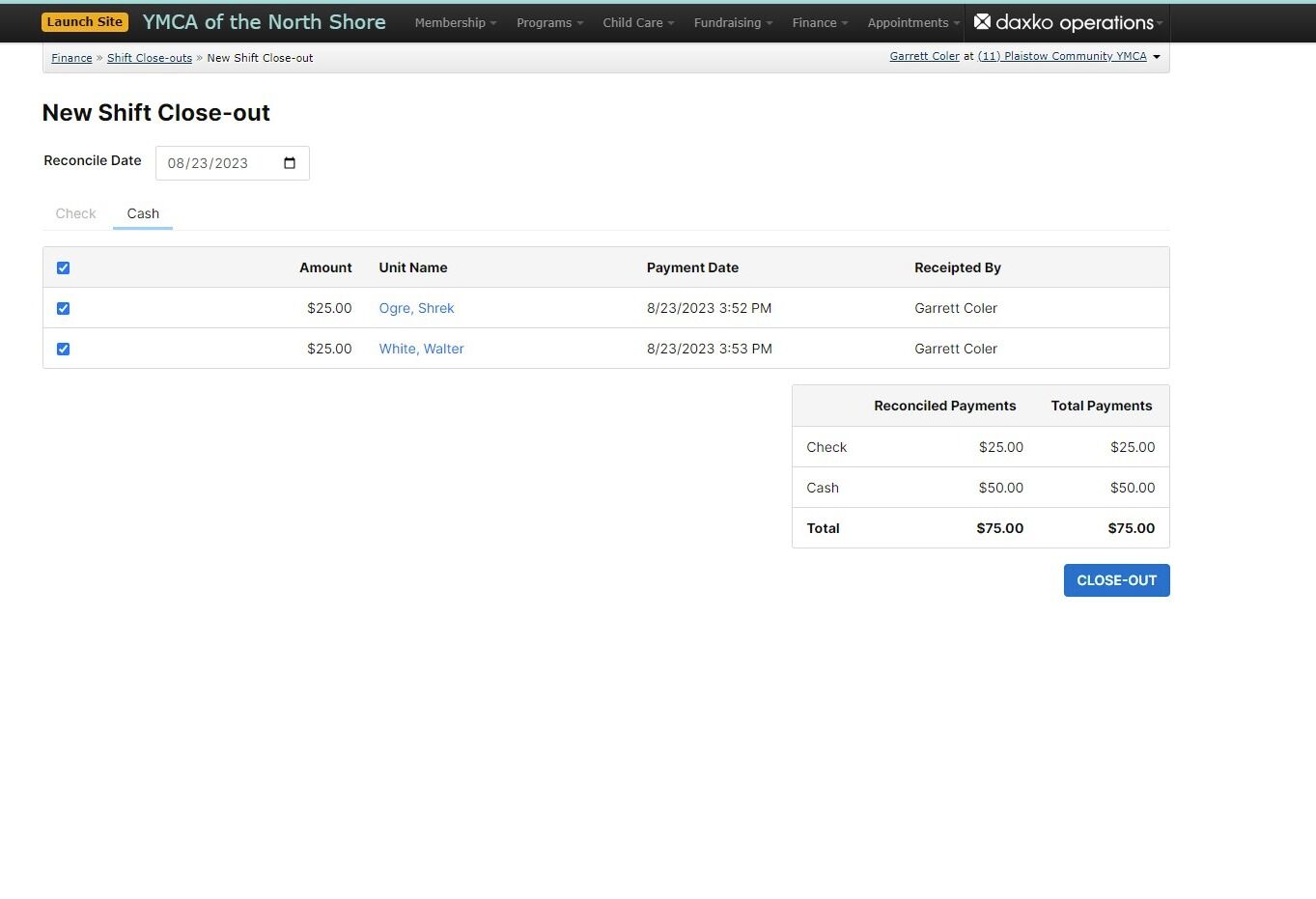 Screenshot of: Once all payments have been selected for reconciliation the total payments number should match with the reconciled payments as well as what is in hand for your shift.