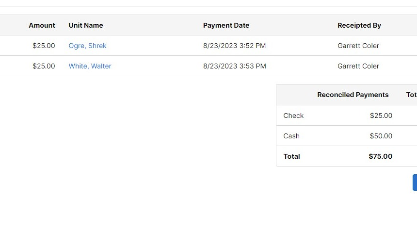 Screenshot of: Once all payments have been selected for reconciliation the total payments number should match with the reconciled payments as well as what is in hand for your shift.