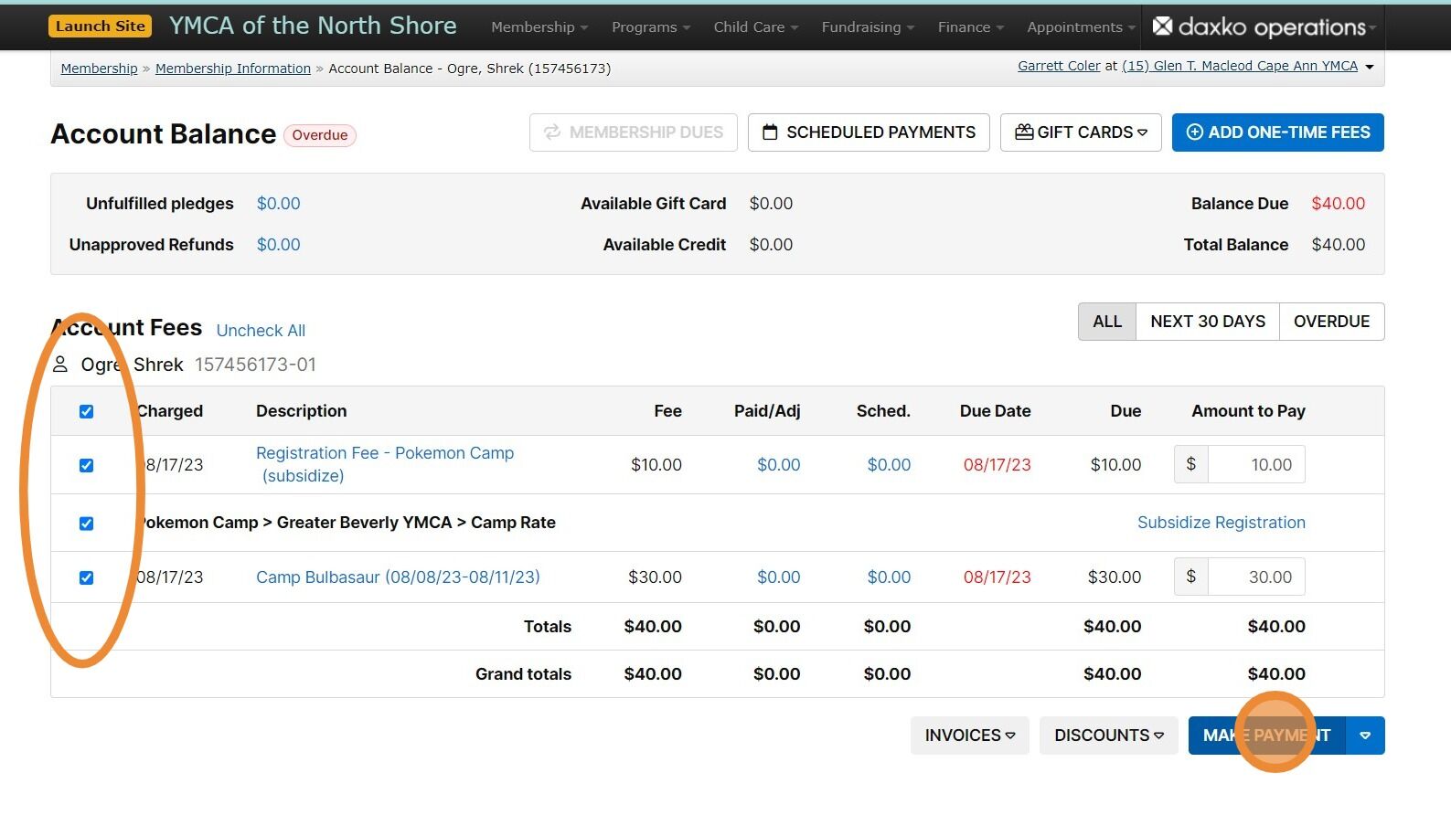 Screenshot of: Confirm which programs you are going to bill them for right now by using the blue check marks on the left to designate what will be charged today.  Then select 