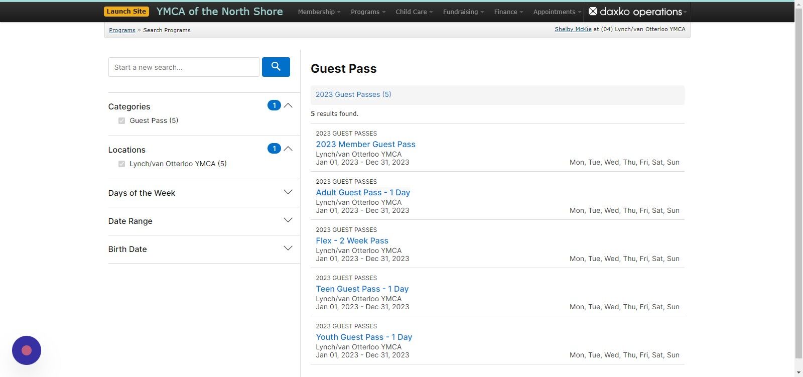 Screenshot of: Find and click on the proper guest pass for the customer.