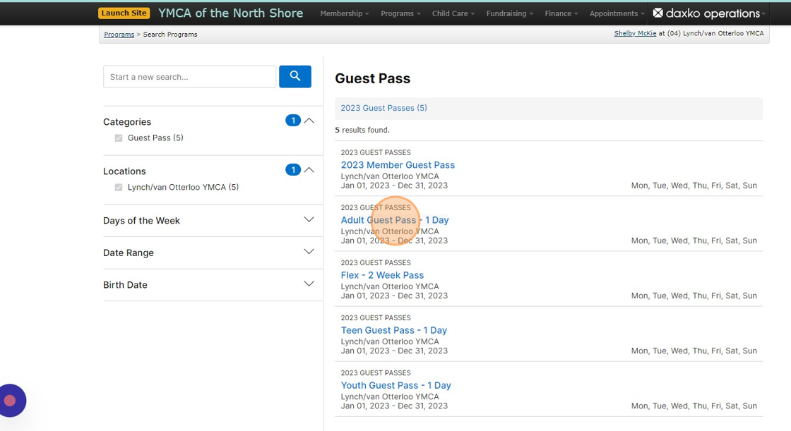 Screenshot of: Find and click on the proper guest pass for the customer.