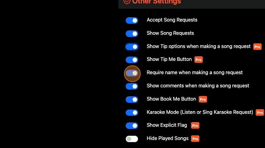 Screenshot of:  If you want to know the audience members name that is requesting the song, click "Require name when making a song request"