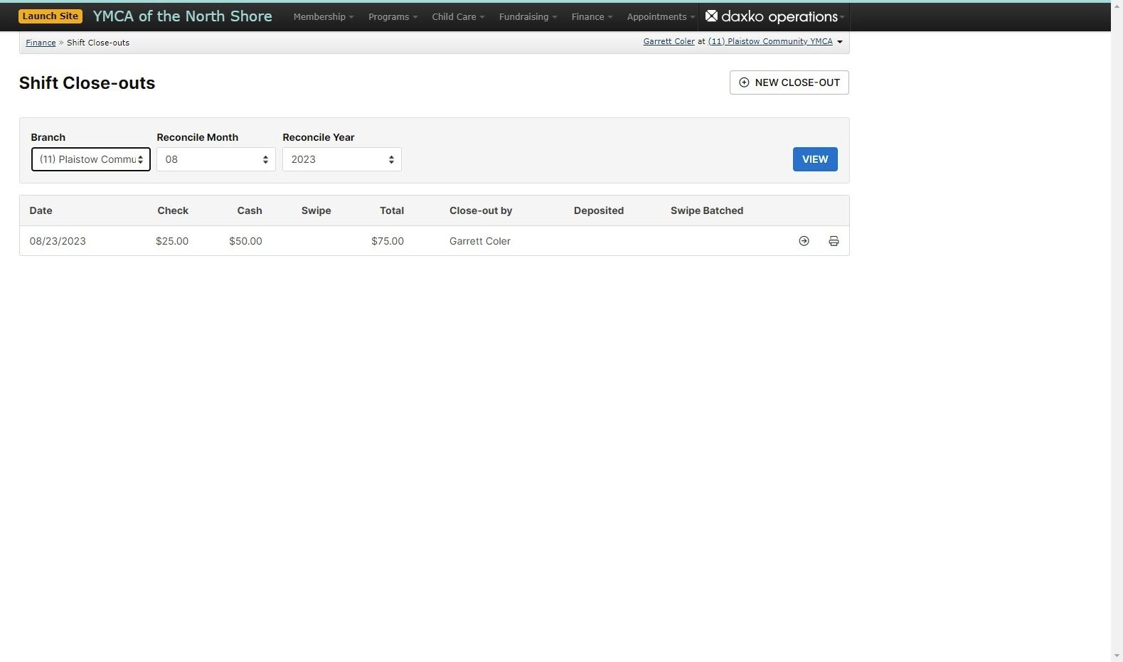 Screenshot of: To check for shoft close outs that have not been completed go to each branch or the branch you are responsible for and click on 