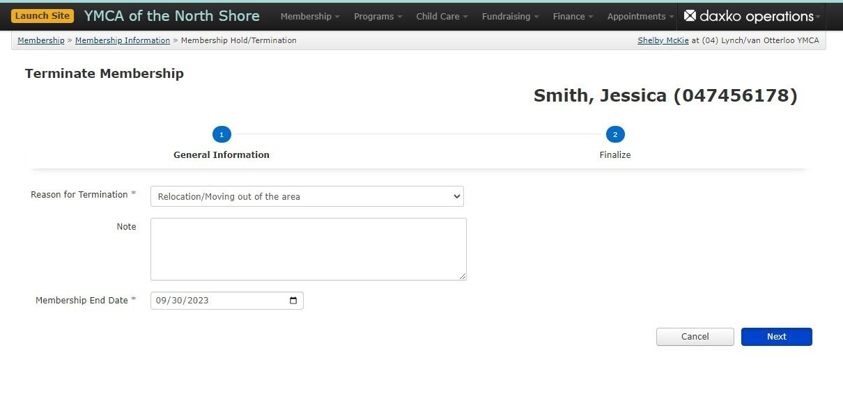 Screenshot of: Use the dropdown to select the Reason for Termination and enter the Membership End Date. For those drafting on the 1st of the month, choose the last day of the month the Membership End Date. For those drafting on the 15th, be sure to make the Membership End Date the 14th, and then edit their Next Process Date to ensure their are no dues calculated for them on the 1st of the month when they are still active. See steps 11 and 12 above for how to update a Next Process Date. Click the 