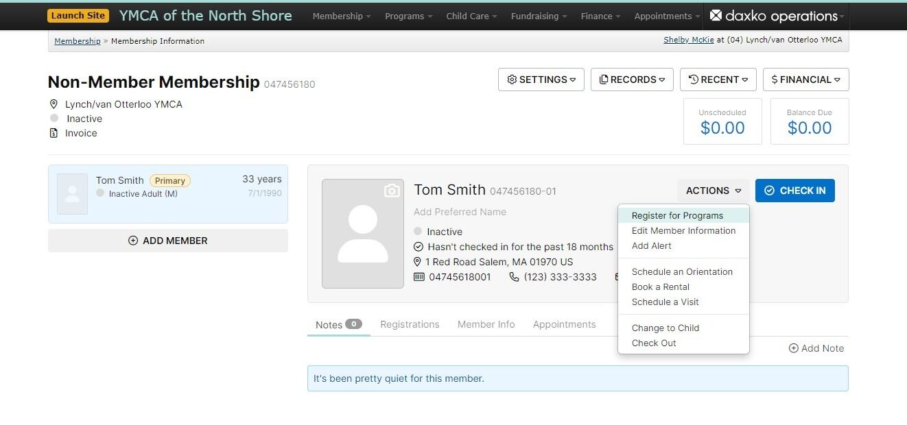 Screenshot of: To enroll a Non-Member in a Member Guest Visit Pass, go to their Membership Information page, click on the Actions tab and select 
