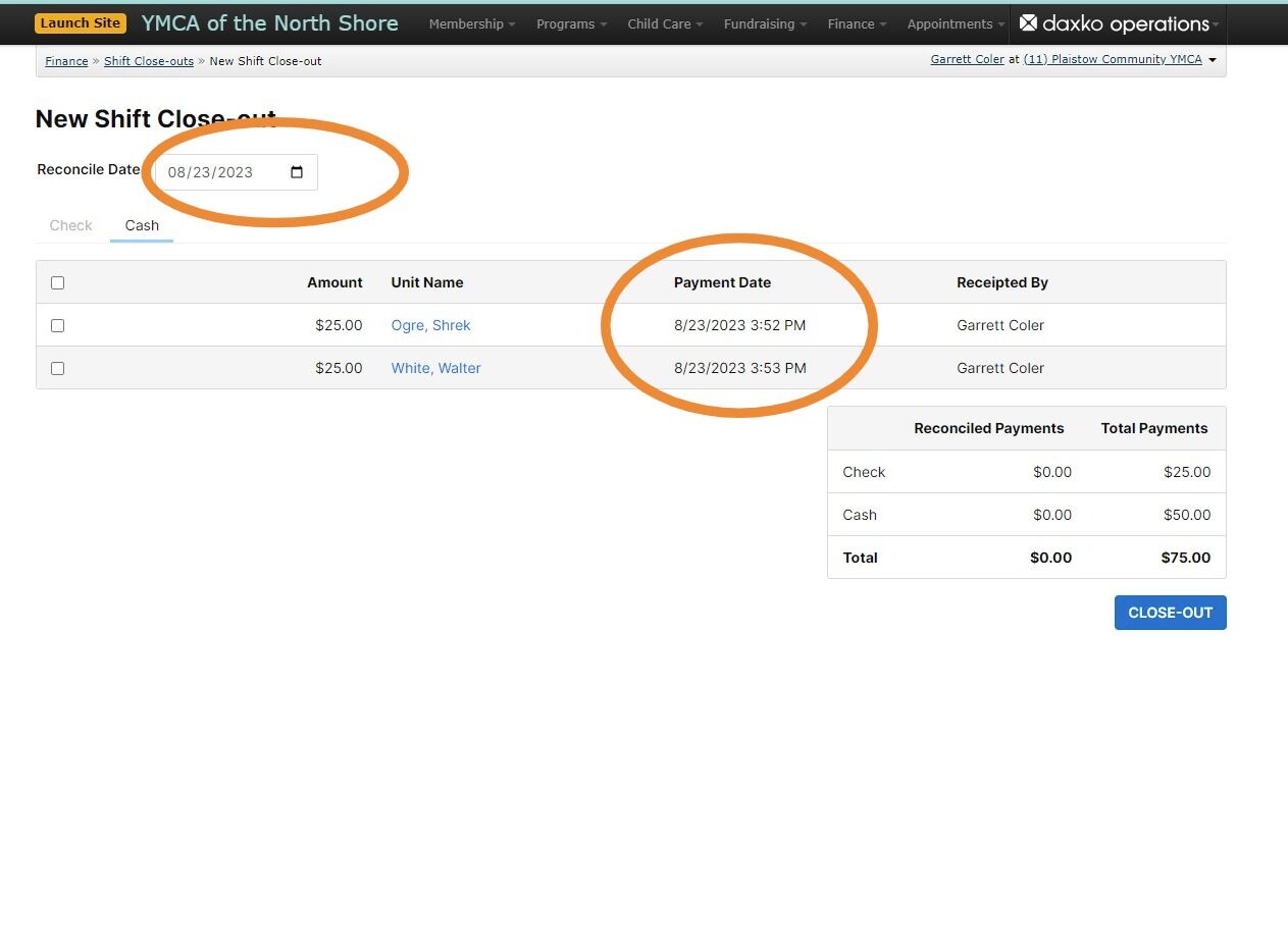Screenshot of: Verify this for both Cash and Check options; Ensure these totals match the cash and checks in hand from your shift. If they do, proceed to the next steps. If not, please check in with your Membership Operations Manager.
