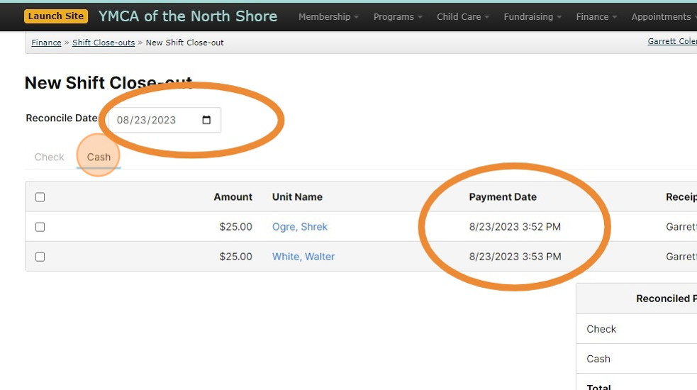 Screenshot of: Verify this for both Cash and Check options; Ensure these totals match the cash and checks in hand from your shift. If they do, proceed to the next steps. If not, please check in with your Membership Operations Manager.