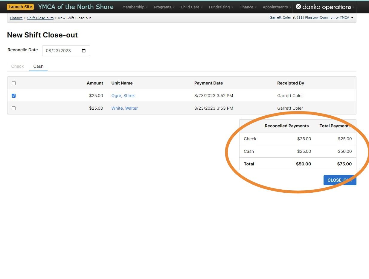 Screenshot of: As you check off payments they will update in the totals box bottom right