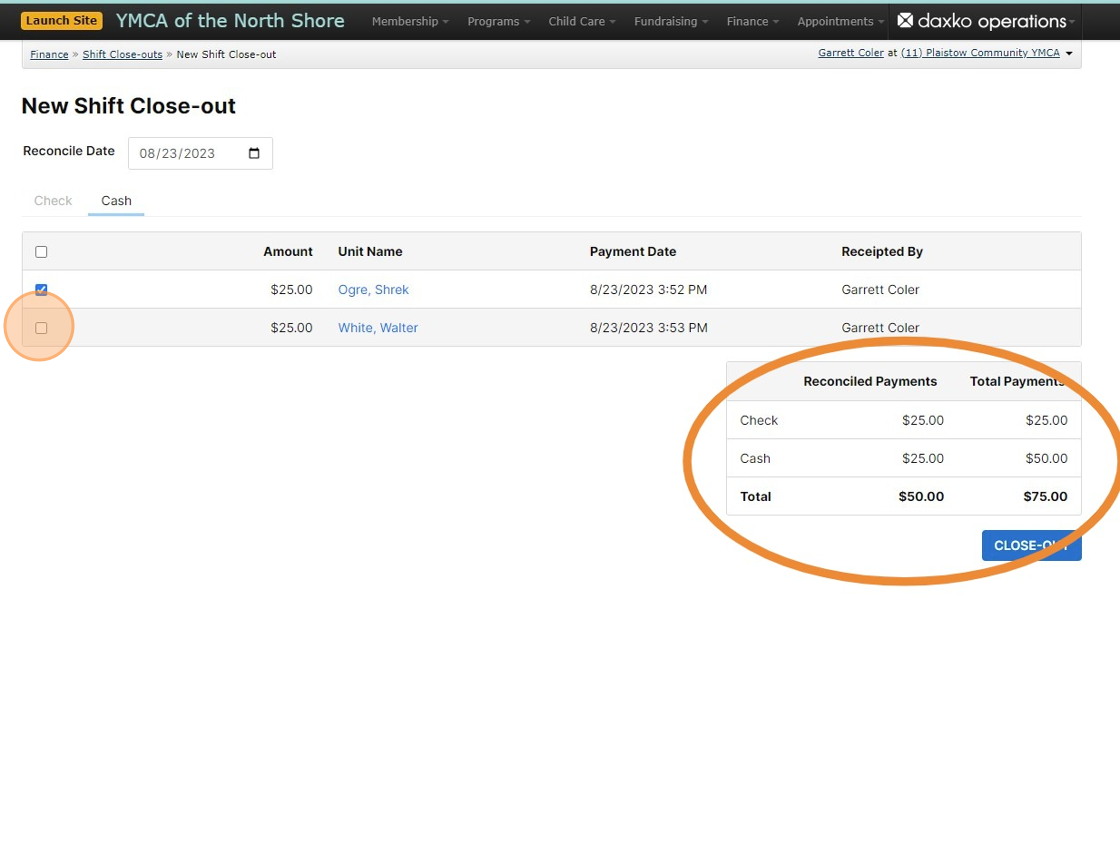 Screenshot of: As you check off payments they will update in the totals box bottom right