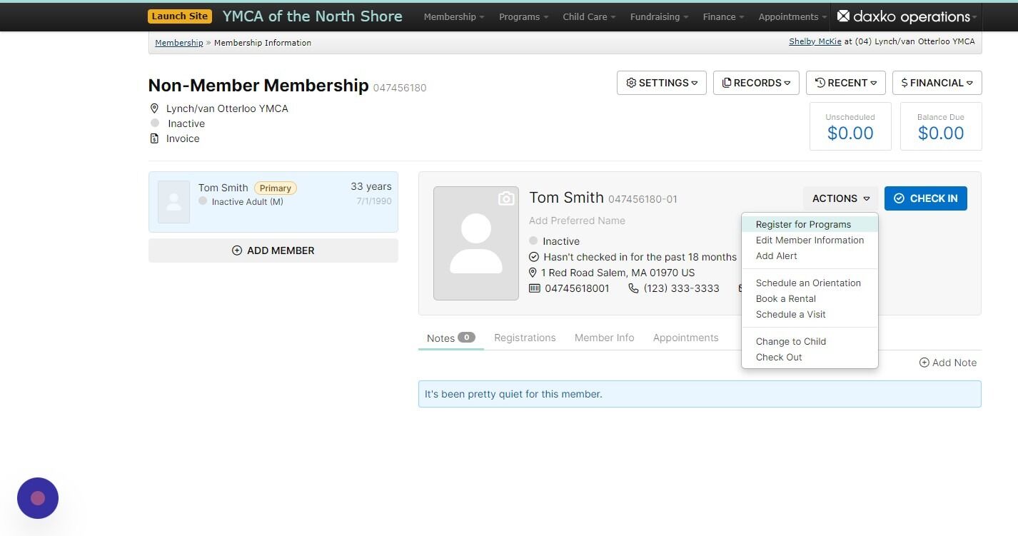 Screenshot of: Now that we have enrolled Tom as a non-member, we can sell him a day pass by clicking on the 