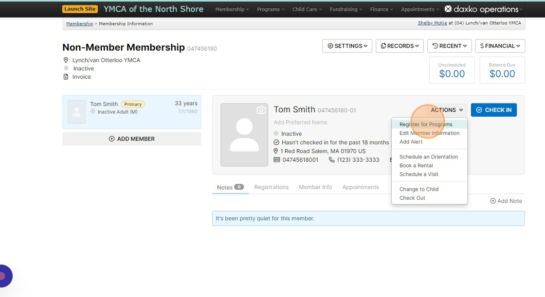 Screenshot of: Now that we have enrolled Tom as a non-member, we can sell him a day pass by clicking on the 