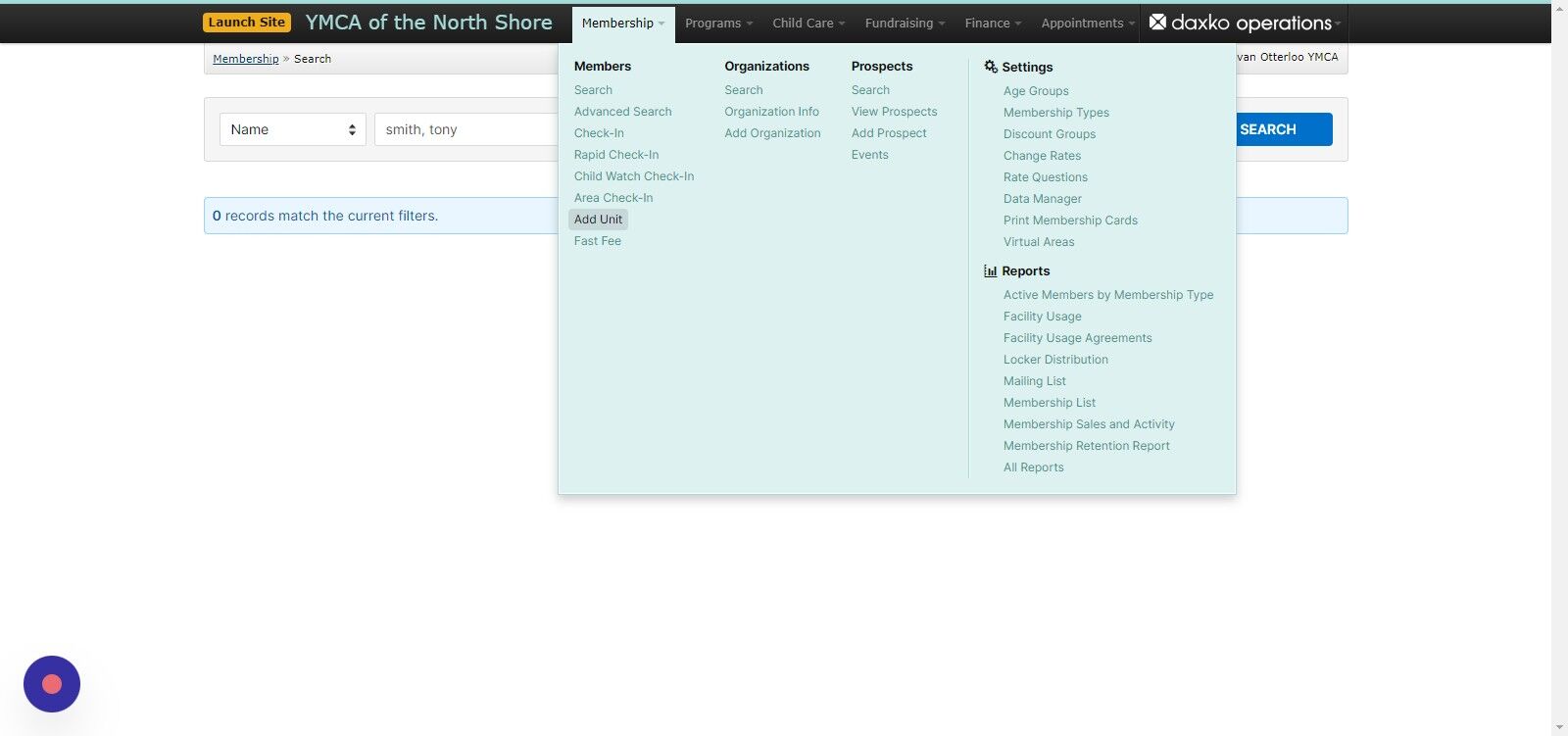 Screenshot of: If there are no records found, click on the Membership tab at the top of the page and select 