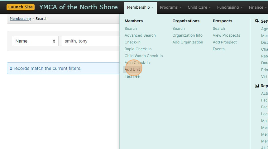 Screenshot of: If there are no records found, click on the Membership tab at the top of the page and select 