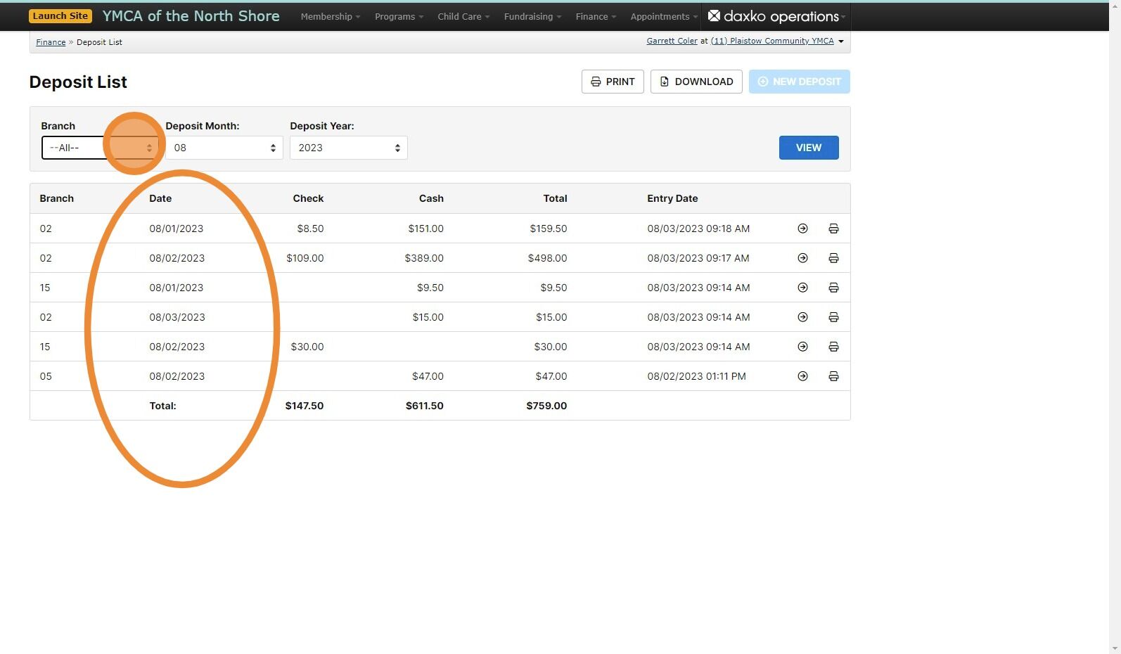Screenshot of: Deposits should be completed by day and should reflect the date of the transactions. I.E. if you are working on a deposit on 8/2 for transactions that were completed 8/1 everything should be marked 8/1