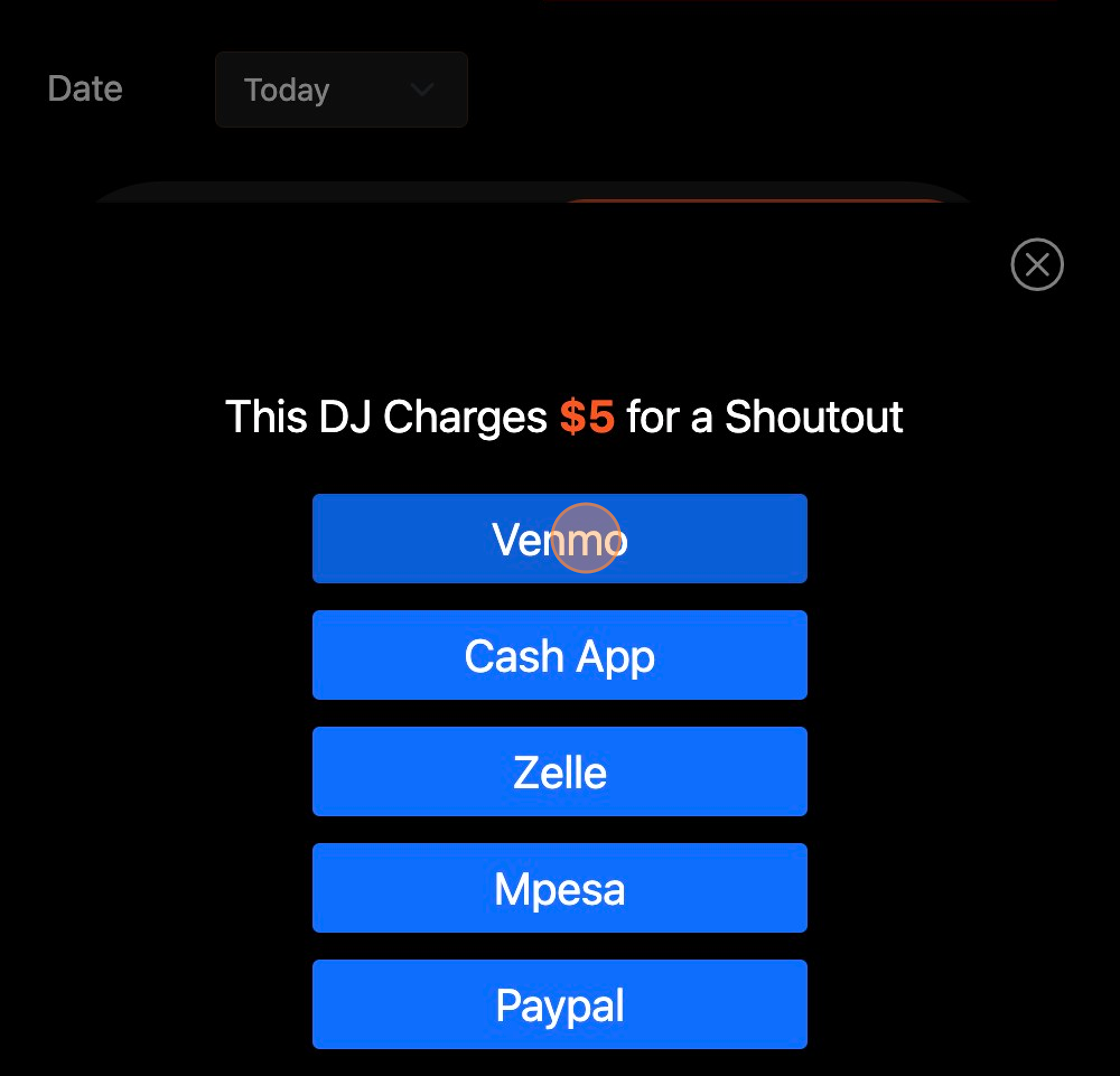 Screenshot of: Choose your payment option and complete the payment. The DJ will be notified after you pay.