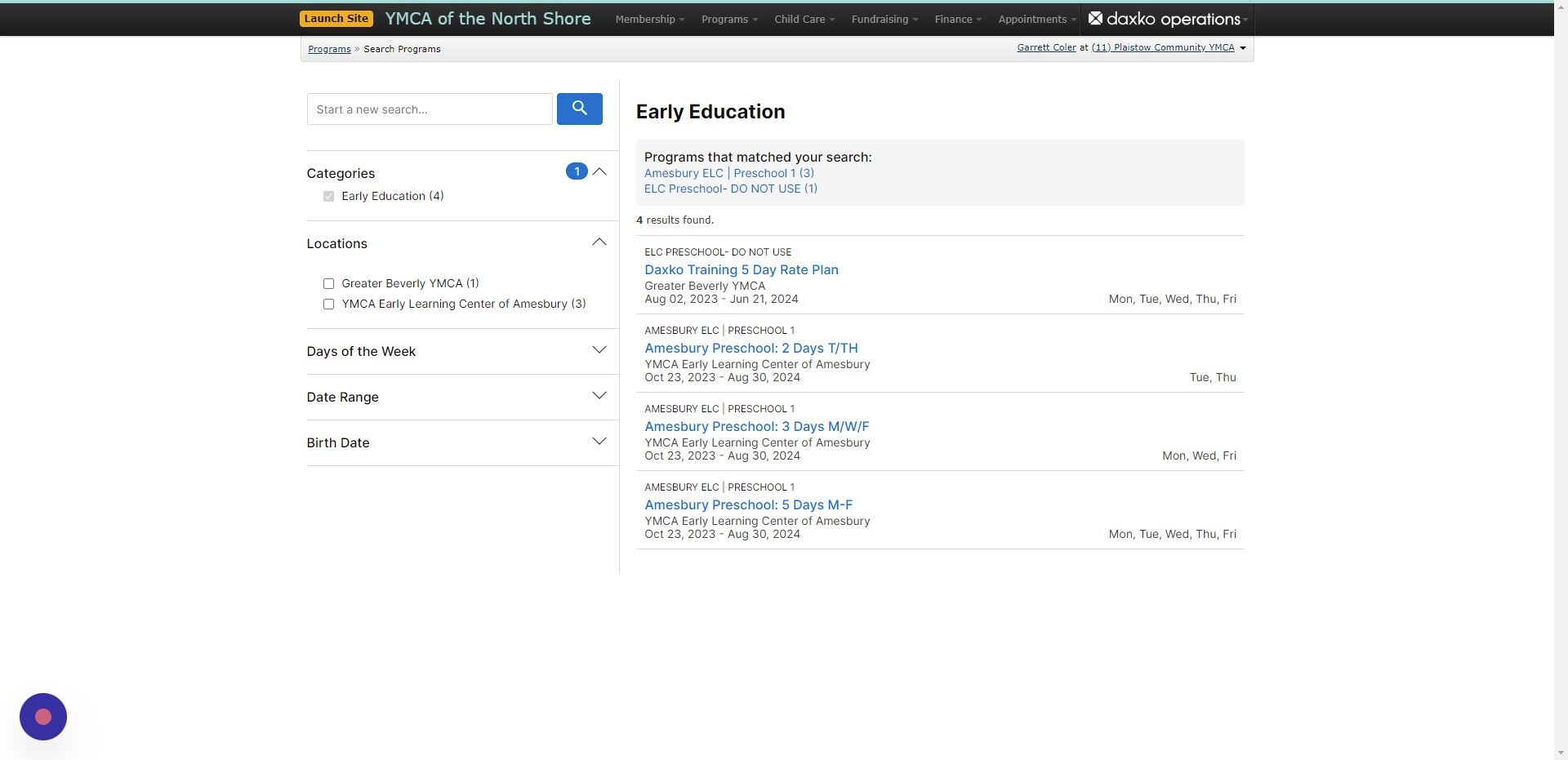 Screenshot of: Select the correct program and days attending