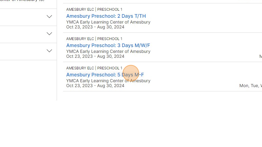 Screenshot of: Select the correct program and days attending