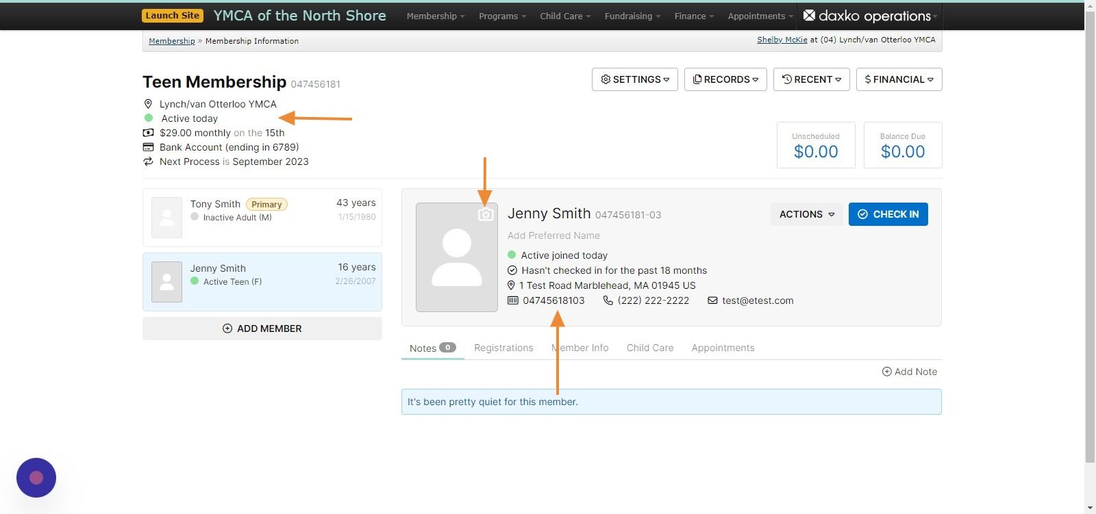 Screenshot of: Here you can see that Jenny now has an active Teen Membership with her guardian Tony attached at the Primary inactive member. Click on the barcode icon to setup and send Jenny her scan card. Use the camera icon to take Jenny'e member photo.