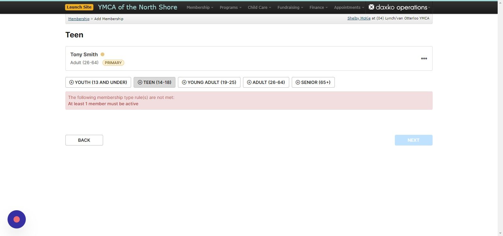 Screenshot of: Once you arrive at the page below, a note will appear alerting you that the membership type rules are not met. That is because we are just adding this adult as an inactive member on the unit. Click on the 