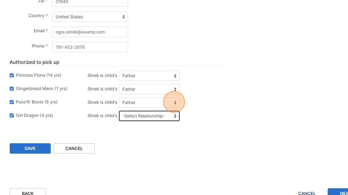 Screenshot of: You will need to select the relationship to the participant as well for all authorized pickups