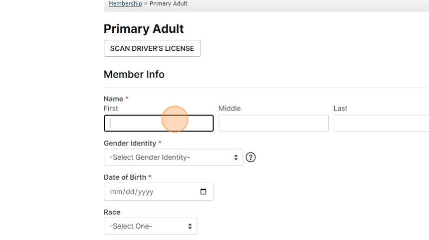 Screenshot of: Enter the information for the Adult FIRST as they are going to be the primary contact for this member. Use M2. Entry of a Facility Member to complete the account set up.