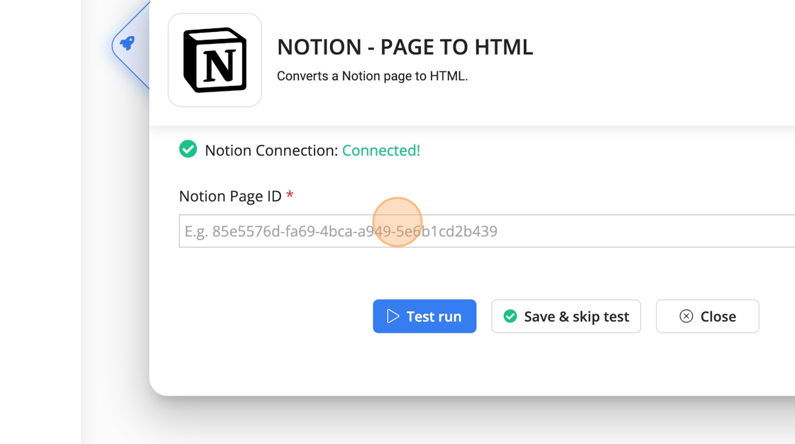 Screenshot of: Enter the Notion page ID. You'll usually combine this node with other Notion nodes that provide this ID. But you can also use it with Byteline's Webhook trigger and send this page ID in the HTTP request.