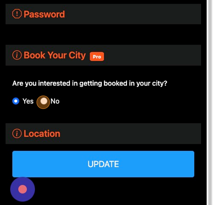 Screenshot of: Click yes, if you would like to get booked in your city. We will allow people to search for you and book you in your city.