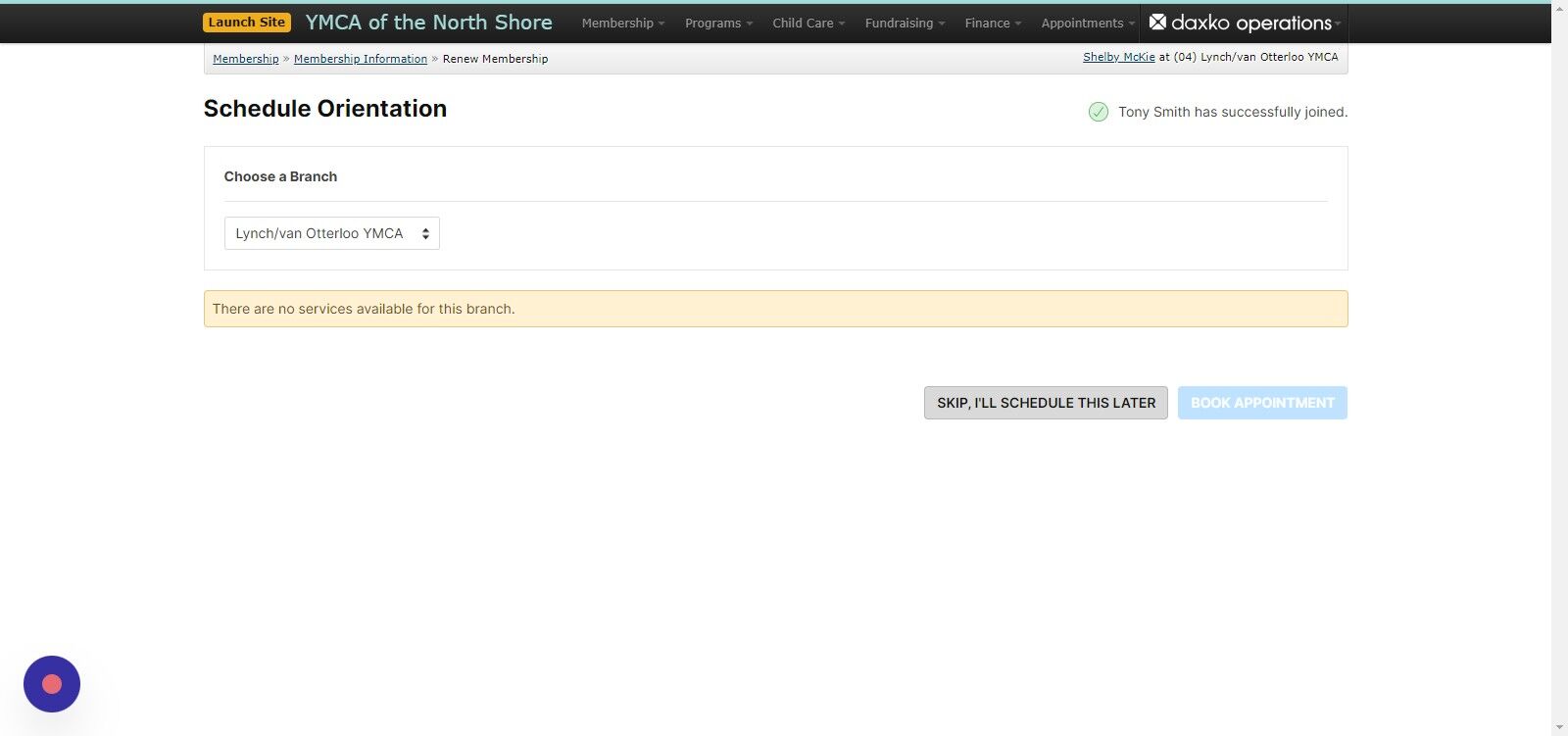 Screenshot of: At this time, orientations are not set up at this location so click on the 