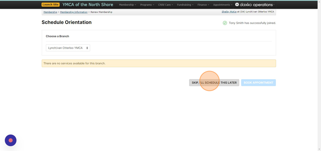 Screenshot of: At this time, orientations are not set up at this location so click on the 