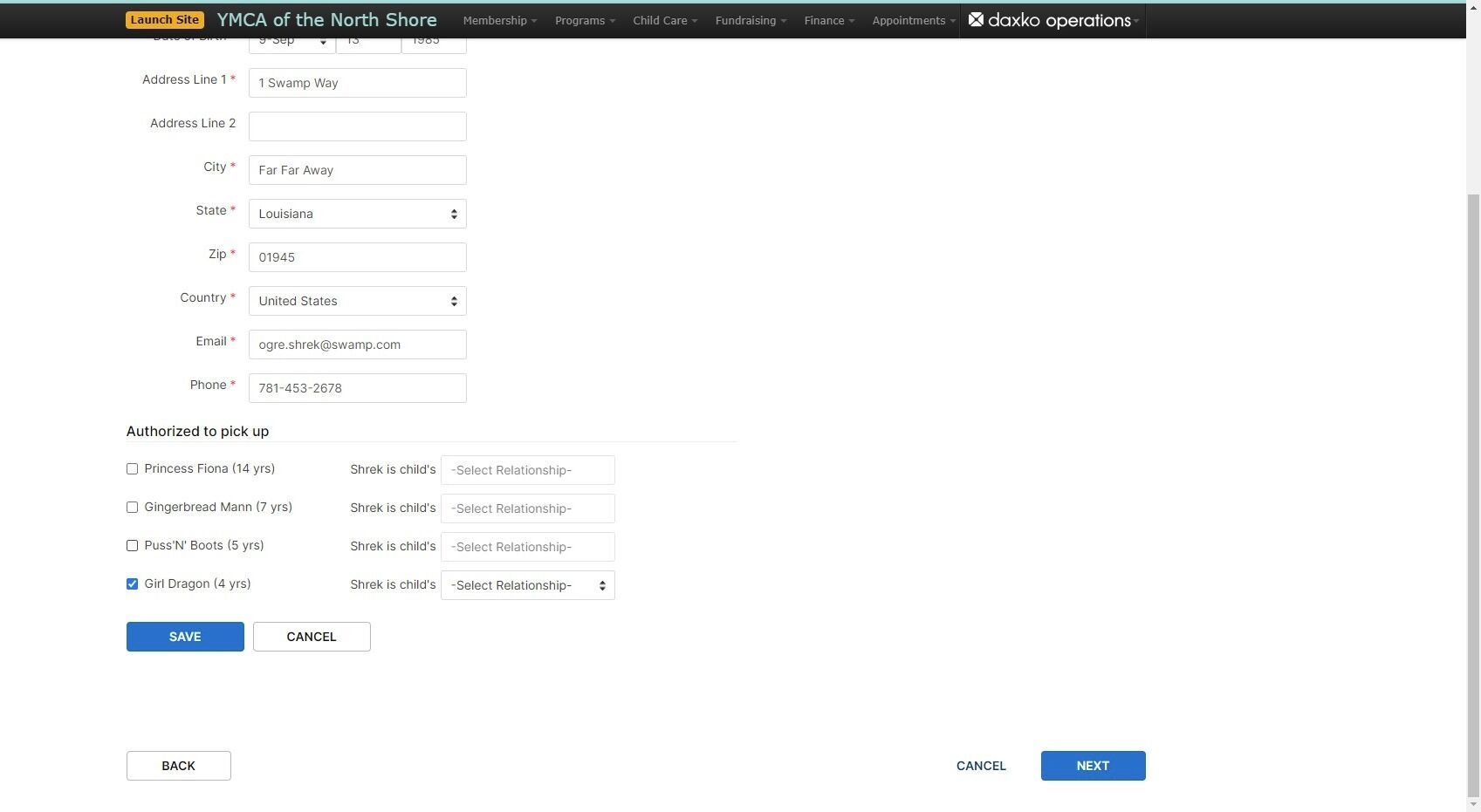 Screenshot of: Select the participant you are registering for the program.