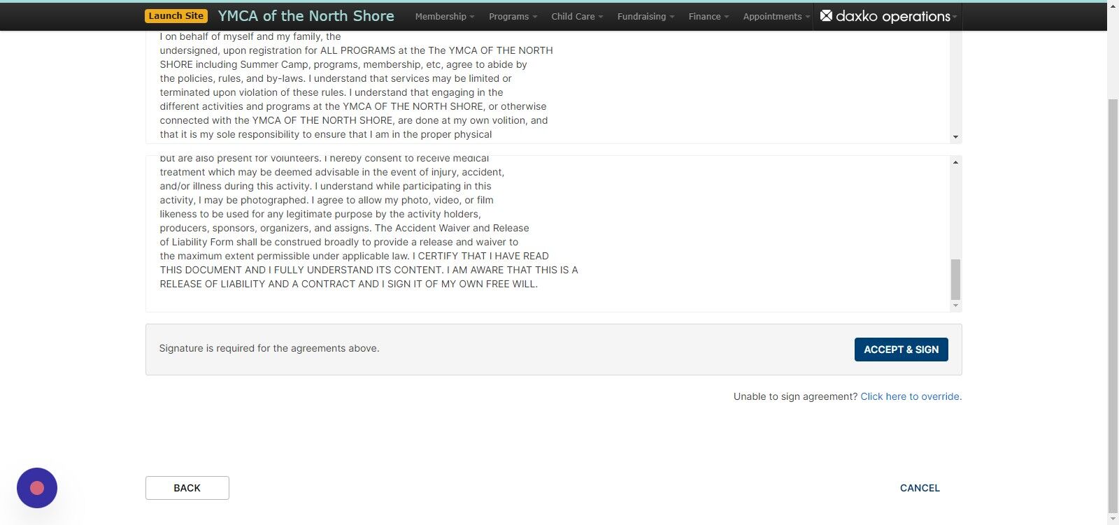 Screenshot of: Have the Primary Member review the Waiver Agreements, click 