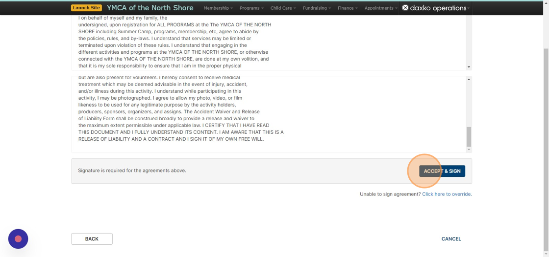 Screenshot of: Have the Primary Member review the Waiver Agreements, click 