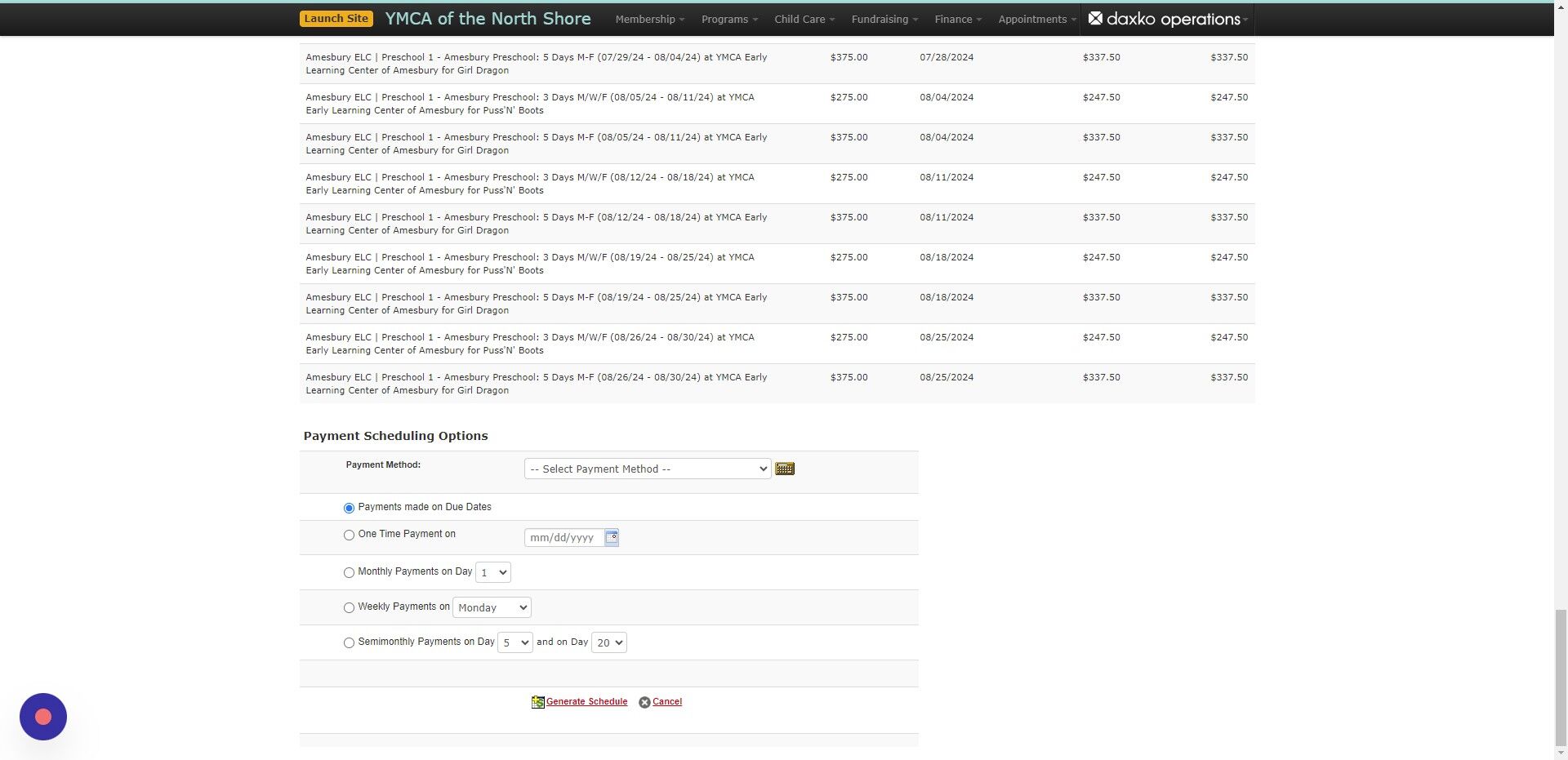 Screenshot of: From here you can schedule payments, monthly, weekly or on specific days. 