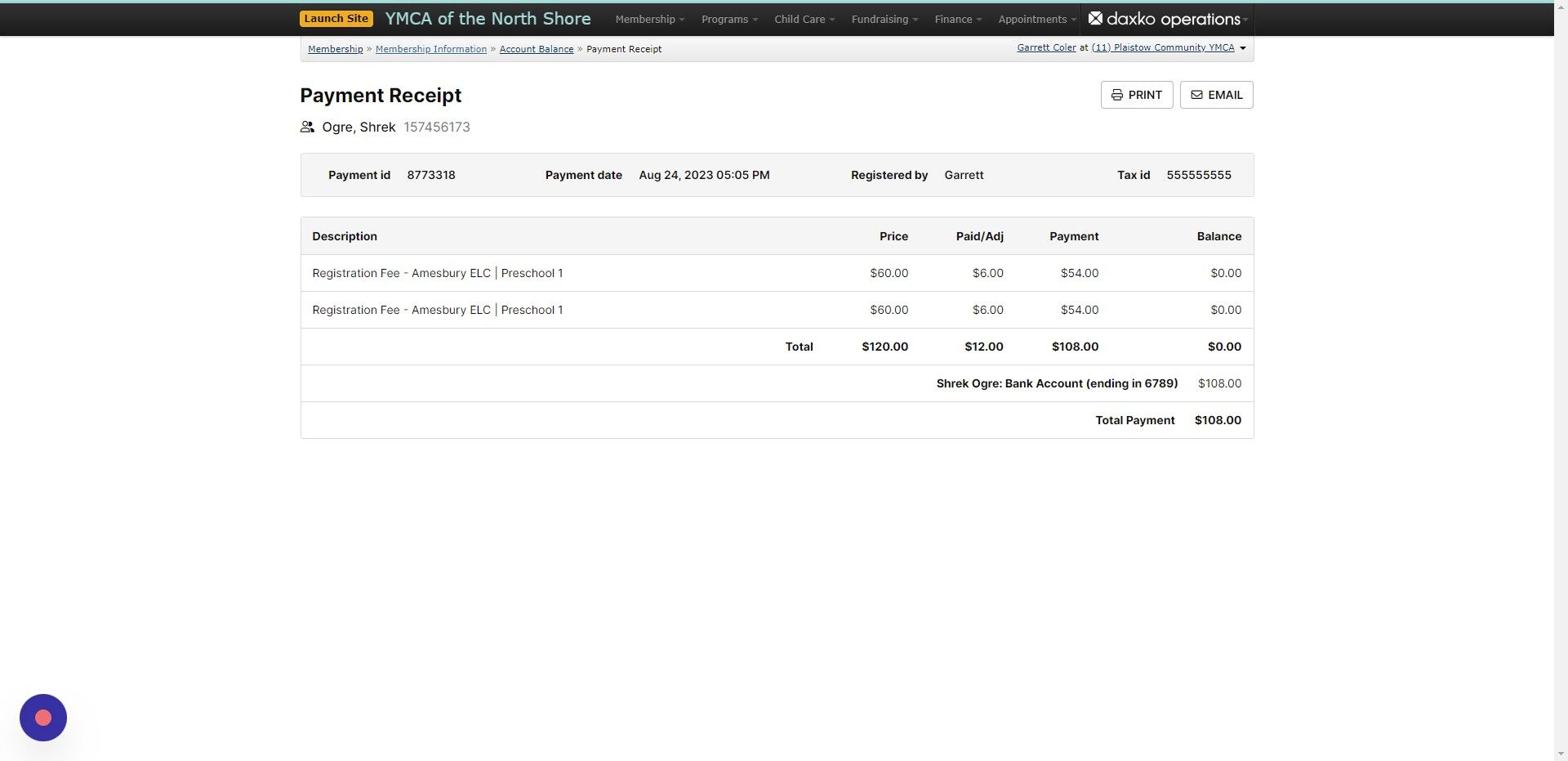 Screenshot of: Use the bread crumb trail to navigate back to the membership information page to set up the payment plan
