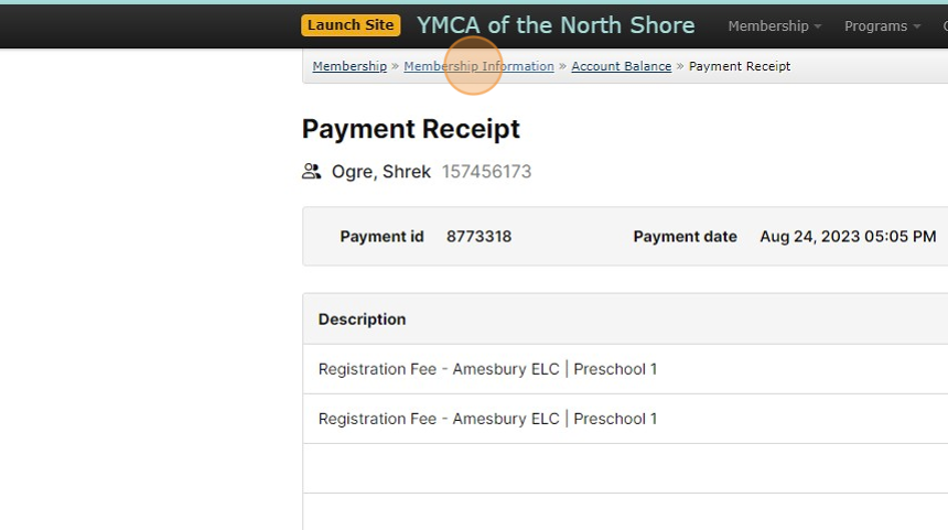 Screenshot of: Use the bread crumb trail to navigate back to the membership information page to set up the payment plan