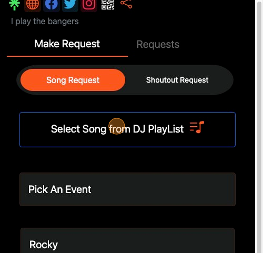 Screenshot of: Now, when the audience goes to your song request page they will see the Select Song from DJ Playlist option