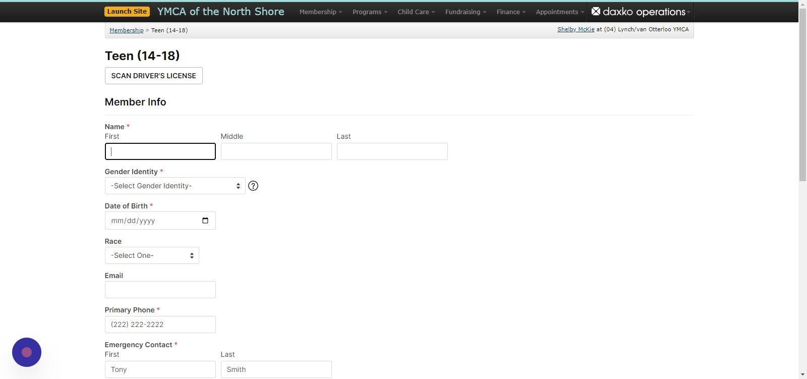 Screenshot of: Enter all of the information for the Youth/Teen member and click 