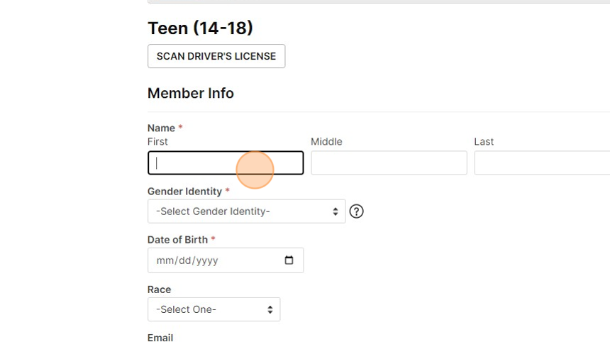 Screenshot of: Enter all of the information for the Youth/Teen member and click 