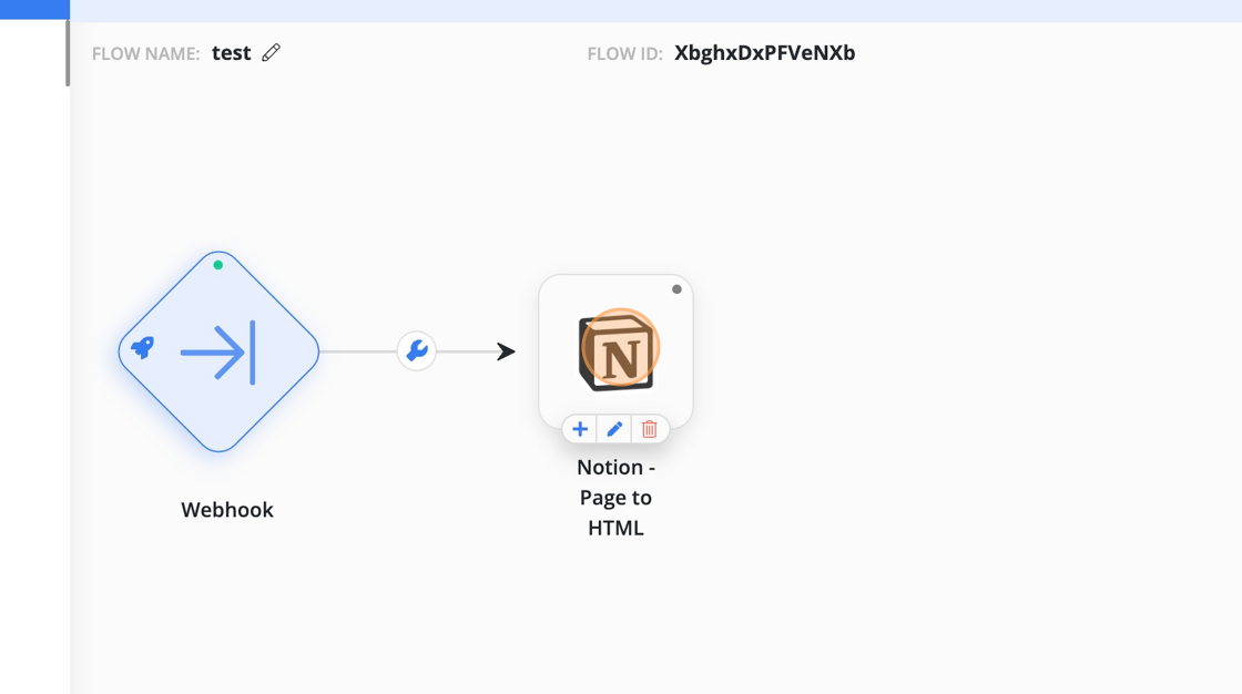 Screenshot of: Add "Notion -  Page to HTML" action node and click on Edit.