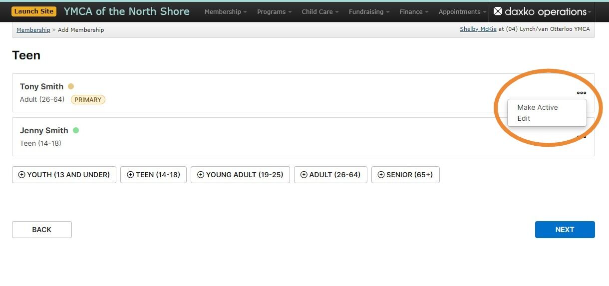 Screenshot of: On the next page, you can see that Tony is added as the primary adult and is Inactive. Jenny has been added as an Active Teen member. Click the 