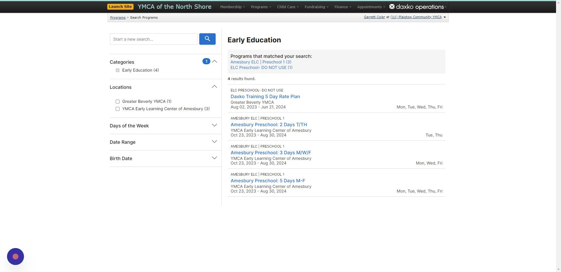 Screenshot of: Select the program they want to register for