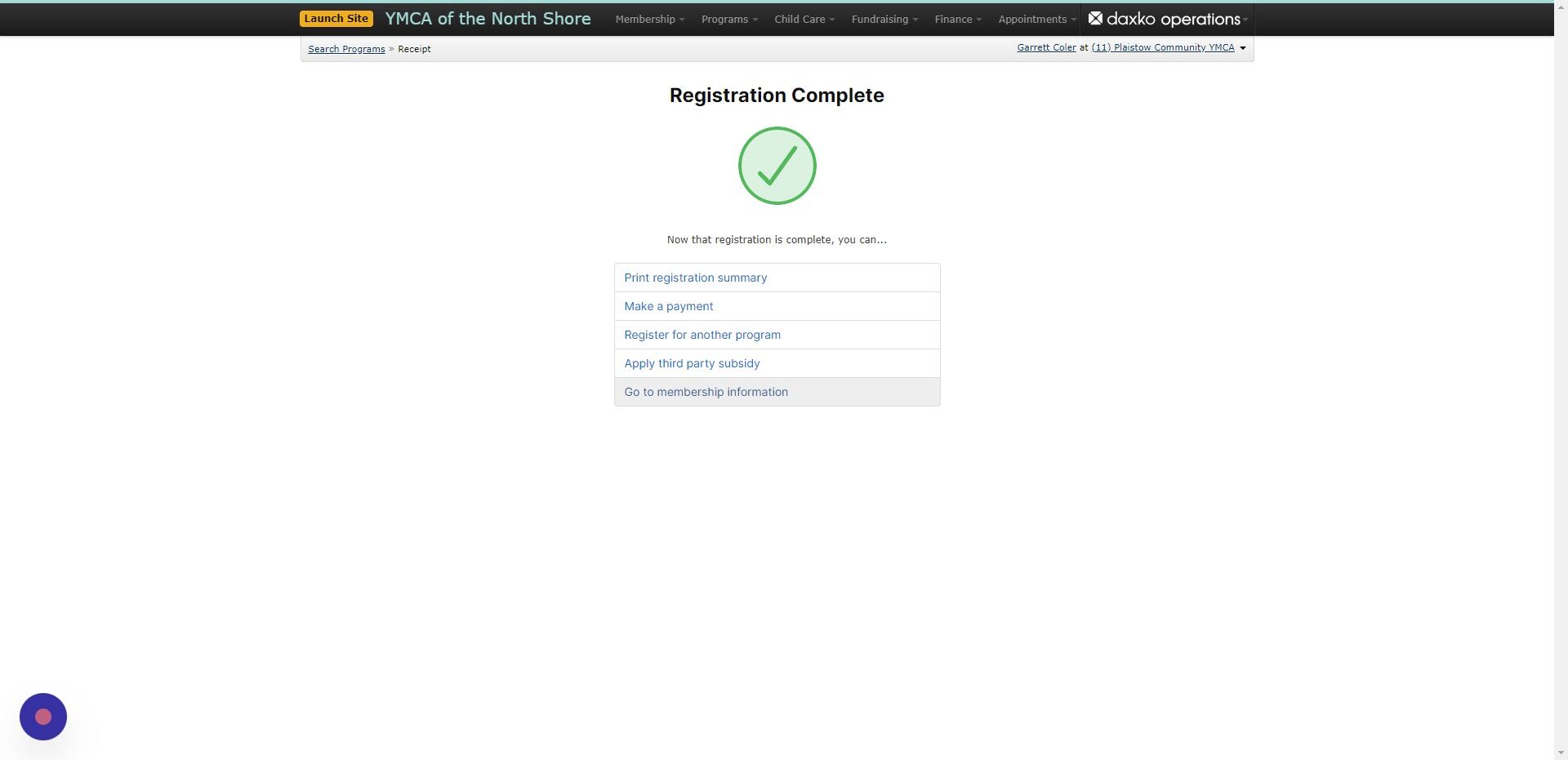 Screenshot of: From here you can take a payment for the single child registration, or you can navigate back to the membership information page to add another participant (If you are registering a single participant skip to (Slide #29 )