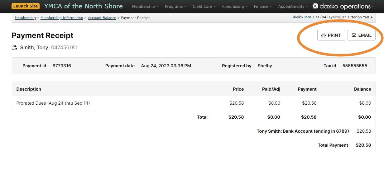 Screenshot of: Print or Email the Receipt to the Primary Member.