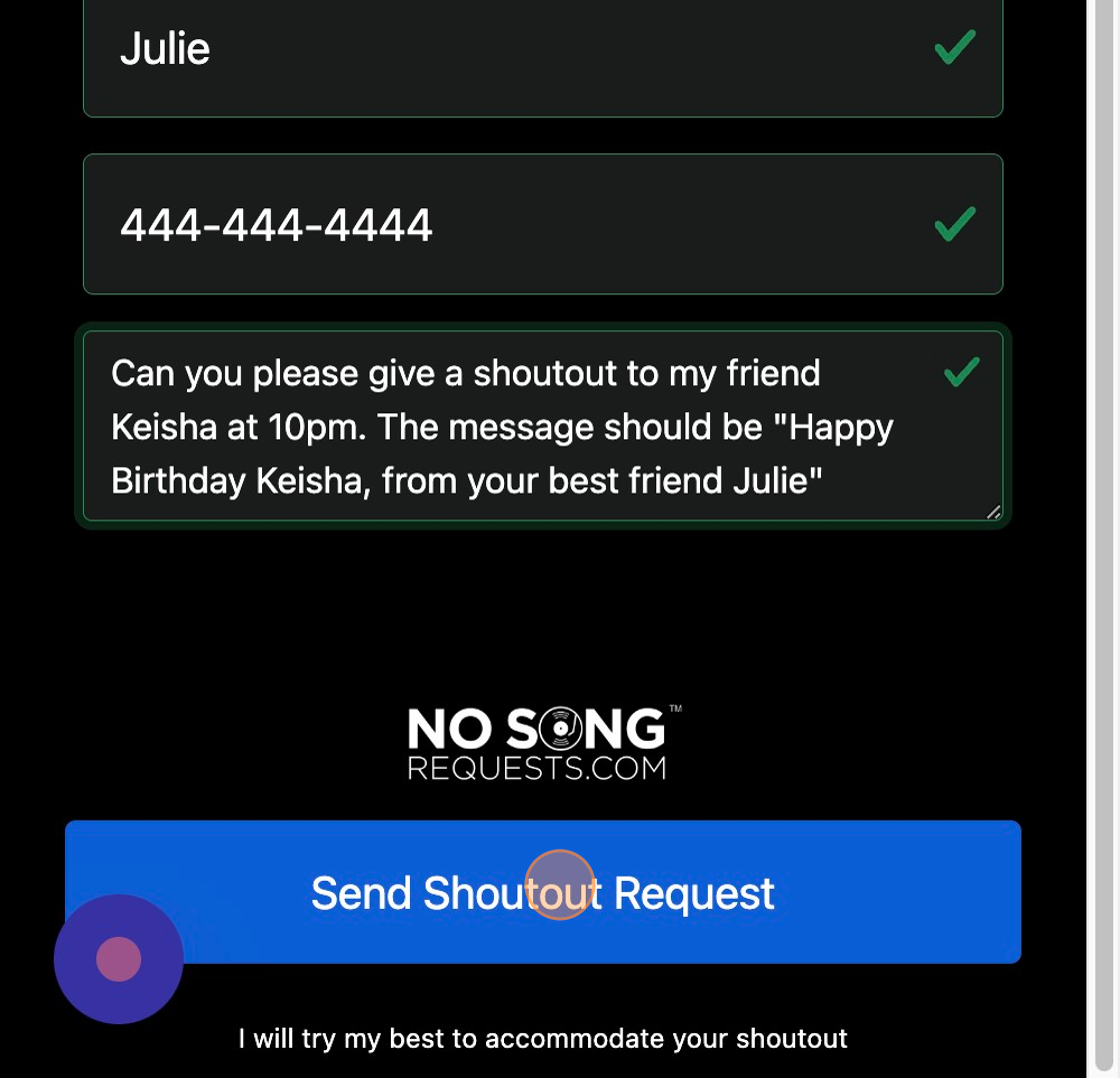 Screenshot of: Enter details of the shoutout. Be sure to include your phone number so that the DJ can contact you with questions. Click "Send Shoutout Request"