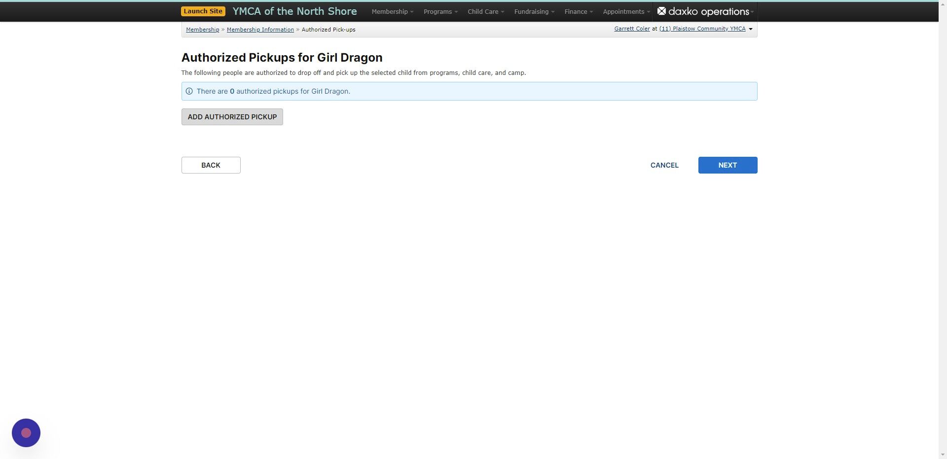 Screenshot of: You will need to add an authorized pick-up on the account