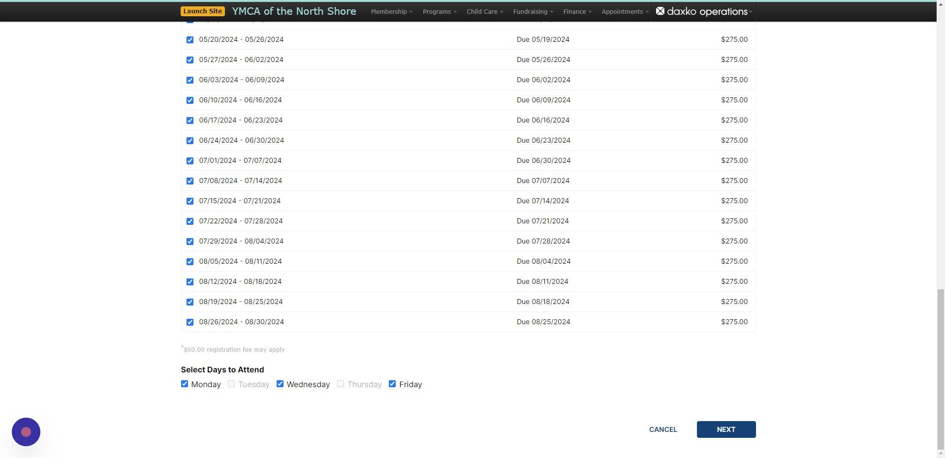 Screenshot of: Check the dates and payments and select 