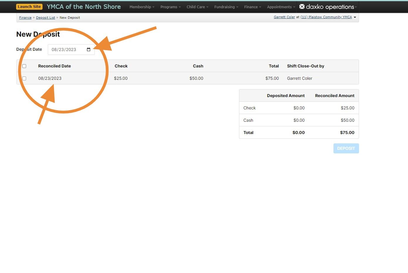 Screenshot of: The deposit date field determines the date that entries will post to reflect the payments. This date should match the reconciled date (which should be the date of the actual transactions. So in our example above the date would be 8/1)