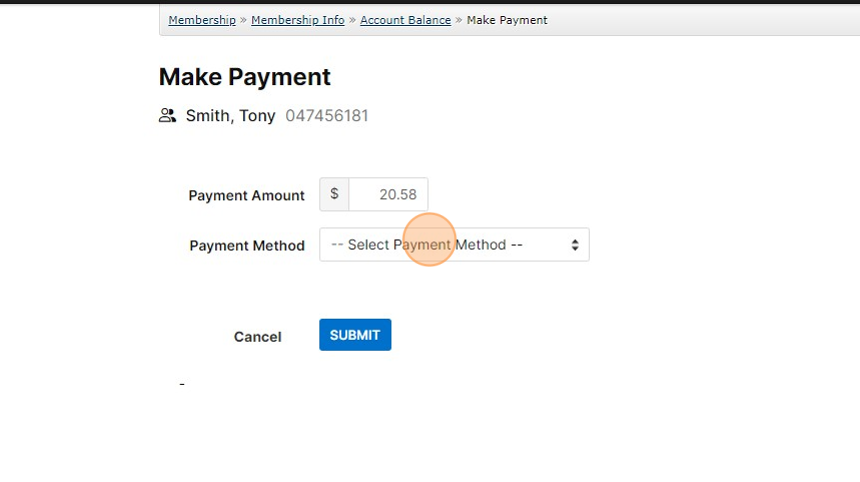 Screenshot of: Select the Payment Method to be used and click Submit. 
